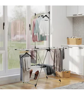 Tendedero Vertical Plegable con Alas Ajustables 4 Soportes para Calzado Barra y Estante 139x62,5x201 cm Plata