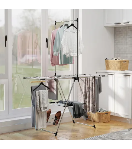 Tendedero Vertical Plegable con Alas Ajustables 4 Soportes para Calzado Barra y Estante 139x62,5x201 cm Plata