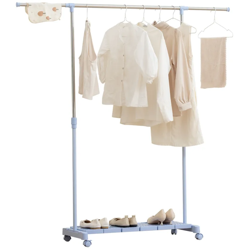 Tendedero Extensible con Ruedas con Barra de Acero Inoxidable y Estante para Zapatos 159x42x168 cm Azul y Plata