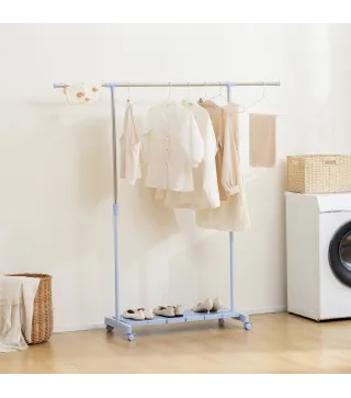 HOMCOM Tendedero Extensible con Ruedas con Barra de Acero Inoxidable y Estante para Zapatos 159x42x168 cm Azul y Plata