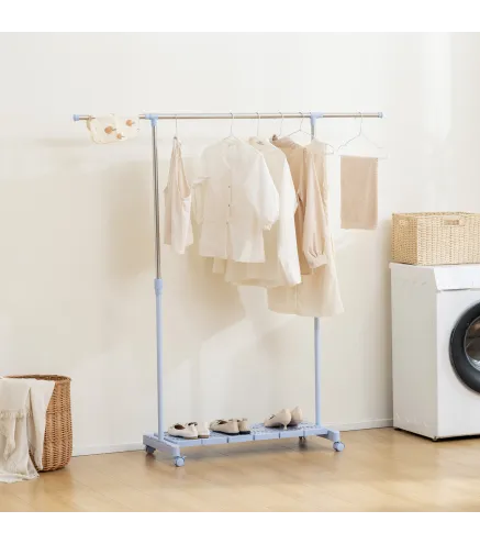 Tendedero Extensible con Ruedas con Barra de Acero Inoxidable y Estante para Zapatos 159x42x168 cm Azul y Plata