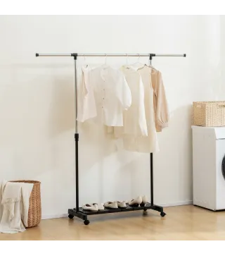 Tendedero Extensible con Ruedas con Barra de Acero Inoxidable y Estante para Zapatos 159x42x168 cm Negro y Plata