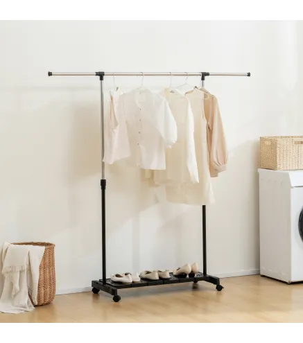 Tendedero Extensible con Ruedas con Barra de Acero Inoxidable y Estante para Zapatos 159x42x168 cm Negro y Plata