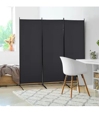 Biombo Separador de Ambientes de 3 Paneles 253x50x182 cm Divisor de Habitación Plegable con 6 Pies de Metal Negro