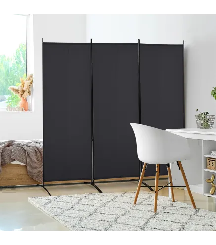 Biombo Separador de Ambientes de 3 Paneles 253x50x182 cm Divisor de Habitación Plegable con 6 Pies de Metal Negro