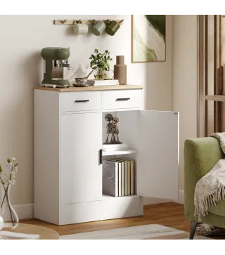 Aparador de Salón con 2 Puertas 2 Cajones y Estantes Ajustables para Cocina Entrada Dormitorio 68,6x35x90,3 cm Blanco