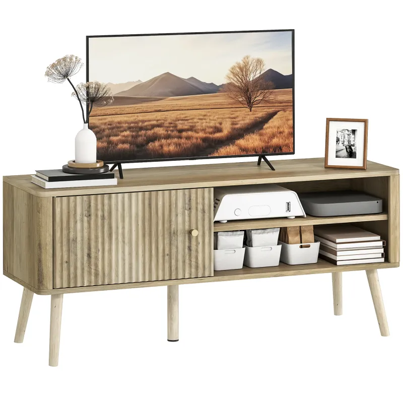 Mesa de TV con Puerta Estante Ajustable Compartimentos Abiertos y Orificio para Televisión hasta 55 Pulgadas Roble Mesa de TV con Puerta Estante Ajustable Compartimentos Abiertos y Orificio para Televisión hasta 55 Pulgadas Roble