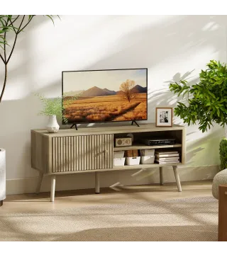 Mesa de TV con Puerta Estante Ajustable Compartimentos Abiertos y Orificio para Televisión hasta 55 Pulgadas Roble