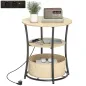 Mesa Auxiliar Redonda de 3 Niveles con Estación de Carga 3 Estantes y Bolsa para Salón Dormitorio Ø50x55,1 cm Natural