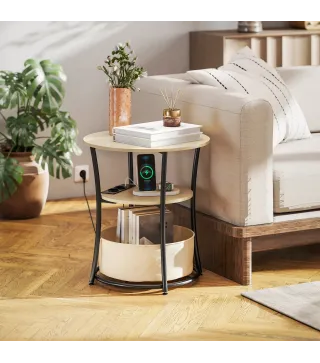 Mesa Auxiliar Redonda de 3 Niveles con Estación de Carga 3 Estantes y Bolsa para Salón Dormitorio Ø50x55,1 cm Natural