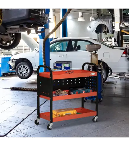 Carro de Herramientas con 3 Estantes Paneles Perforados y Ruedas con Freno para Garaje Taller Almacén 75x35x80 cm Negro