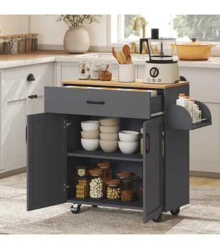 Isla de Cocina con Ruedas con Cajón Armario con Puertas Toallero y Especiero 105x36x85 cm Gris
