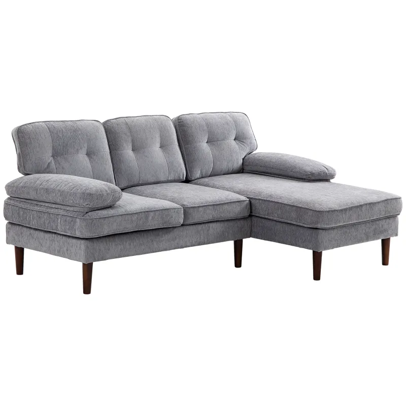 Sofá Esquinero de 3 Plazas Tapizado en Chenilla en Forma de L con Patas de Madera y Reposabrazos 215x142x88 cm Gris