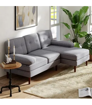 Sofá Esquinero de 3 Plazas Tapizado en Chenilla en Forma de L con Patas de Madera y Reposabrazos 215x142x88 cm Gris