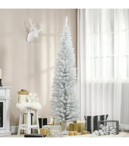 Árbol de Navidad Artificial Estrecho 210 cm con 499 Ramas y Base Desmontable Fácil de Montar Blanco