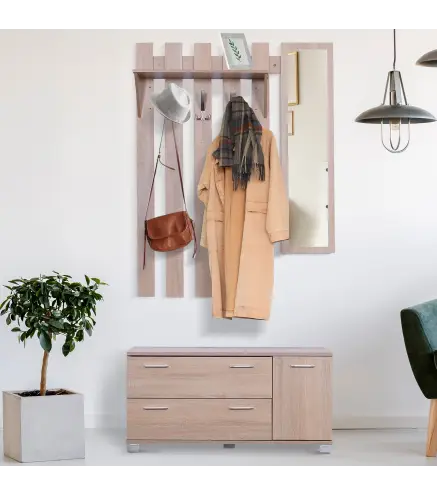 Conjunto de Recibidor de Entrada con Espejo Perchero Zapatero 3 Ganchos Estante y 2 Cajones para Pasillo Roble