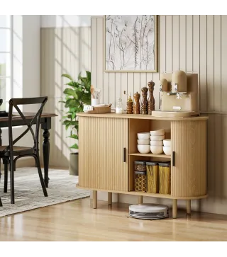 Aparador con Puertas Tambour Deslizantes 4 Compartimentos y Patas de Madera 120x40x78 cm Roble