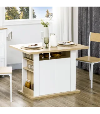 Isla de Cocina para 4-6 Personas con 4 Puertas Compartimentos Abiertos Estante Ajustable 110x70x75,5 cm Roble y Blanco