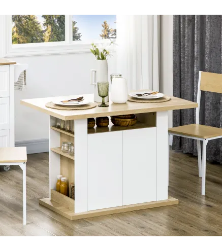 Isla de Cocina para 4-6 Personas con 4 Puertas Compartimentos Abiertos Estante Ajustable 110x70x75,5 cm Roble y Blanco