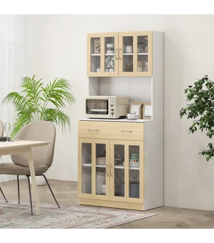 Alacena de Cocina con 4 Puertas de Vidrio Encimera Abierta Cajón Estantes Ajustables 80x40x180 cm Blanco y Natural