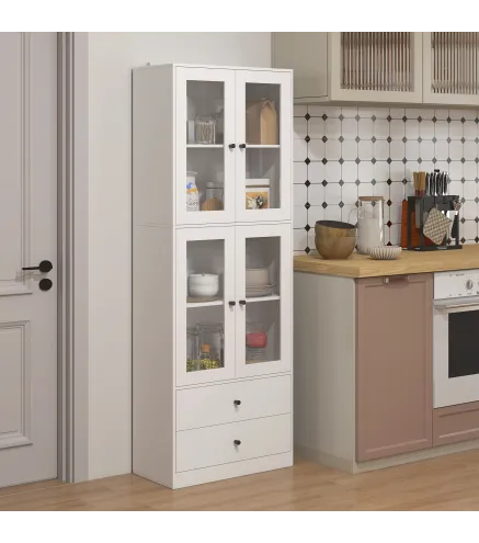 Alacena de Cocina Alta con 4 Puertas de Vidrio 2 Cajones Estantes Ajustables 59x30x170 cm Blanco