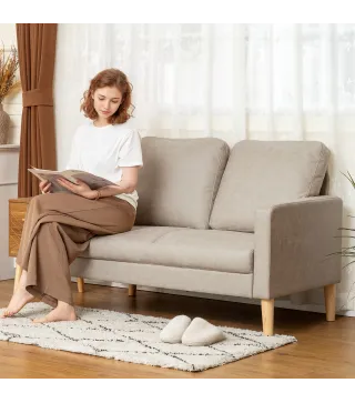 Sofá de 2 Plazas Tapizado en Microfibra con Patas de Madera Reposabrazos 130x78x85 cm Crema