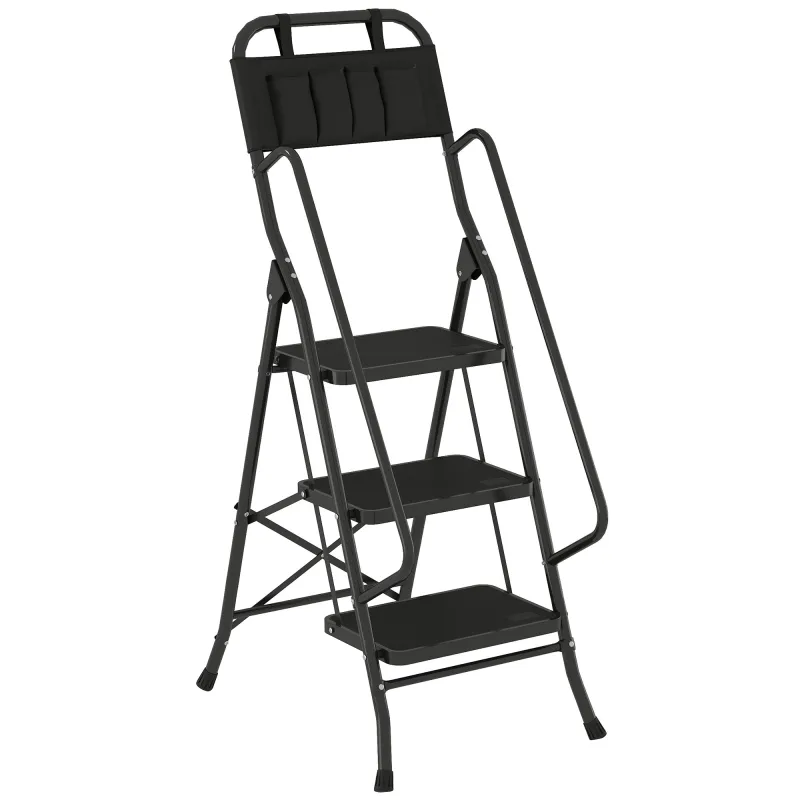 Escalera Plegable de 3 Peldaños con Bolsa de Herramientas Escalera de Tijera con Peldaños Anchos Antideslizantes Negro Escalera Plegable de 3 Peldaños con Bolsa de Herramientas Escalera de Tijera con Peldaños Anchos Antideslizantes Negro