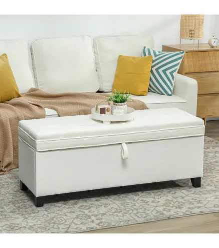 Banco de Almacenaje con 2 Bisagras de Seguridad Tapa Abatible para Dormitorio Salón 120x40x48 cm Crema