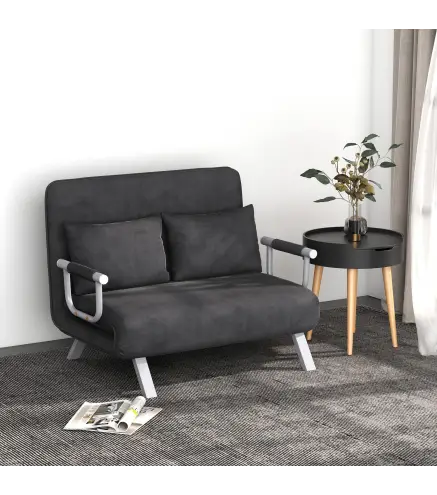 Sofá Cama de 2 Plazas con Respaldo Ajustable en 5 Posiciones Tapizado con Tacto de Ante y Cojines 111x80x78 cm Gris