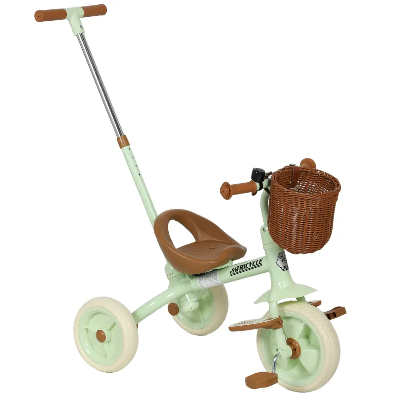 Triciclo para Bebés 2 en 1 para 2-5 Años con Barra Parental Pedales Antideslizantes, Reposapiés Plegables y Cesta Verde