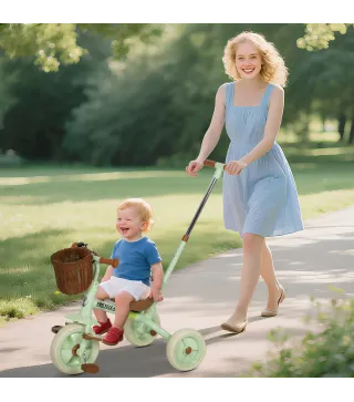 Triciclo para Bebés 2 en 1 para 2-5 Años con Barra Parental Pedales Antideslizantes, Reposapiés Plegables y Cesta Verde