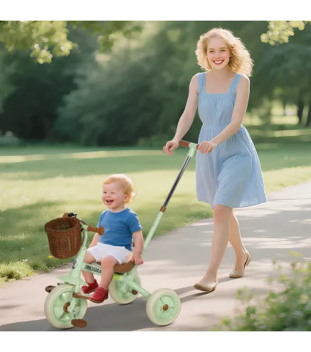 Triciclo para Bebés 2 en 1 para 2-5 Años con Barra Parental Pedales Antideslizantes, Reposapiés Plegables y Cesta Verde