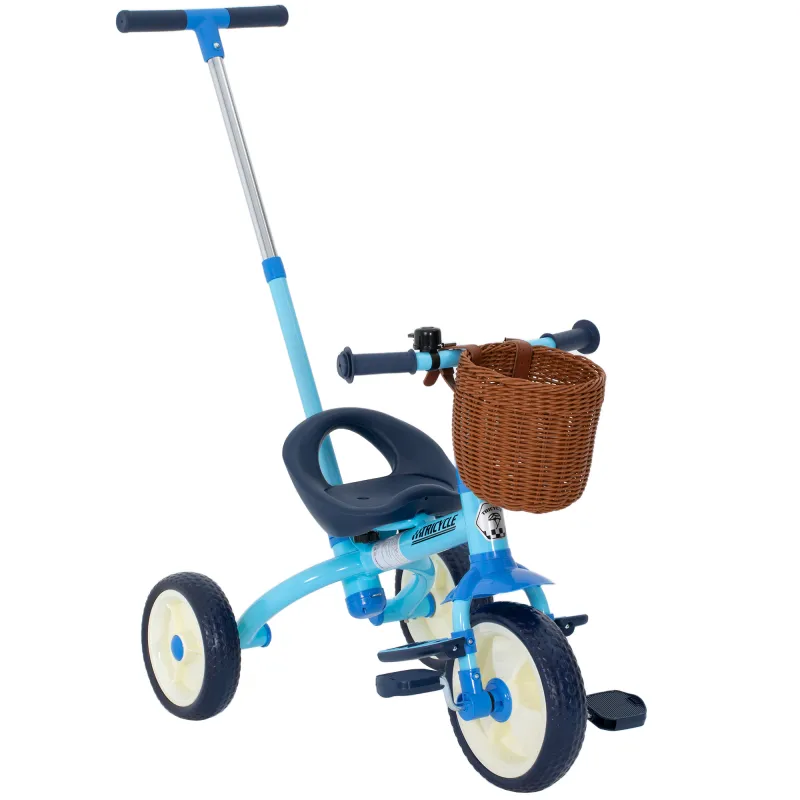 Triciclo para Bebés 2 en 1 para 2-5 Años con Barra Parental Pedales Antideslizantes, Reposapiés Plegables y Cesta Azul
