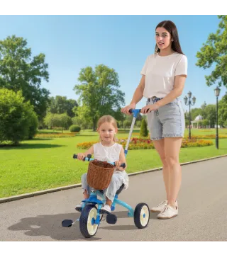 Triciclo para Bebés 2 en 1 para 2-5 Años con Barra Parental Pedales Antideslizantes, Reposapiés Plegables y Cesta Azul