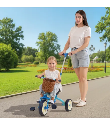 Triciclo para Bebés 2 en 1 para 2-5 Años con Barra Parental Pedales Antideslizantes, Reposapiés Plegables y Cesta Azul