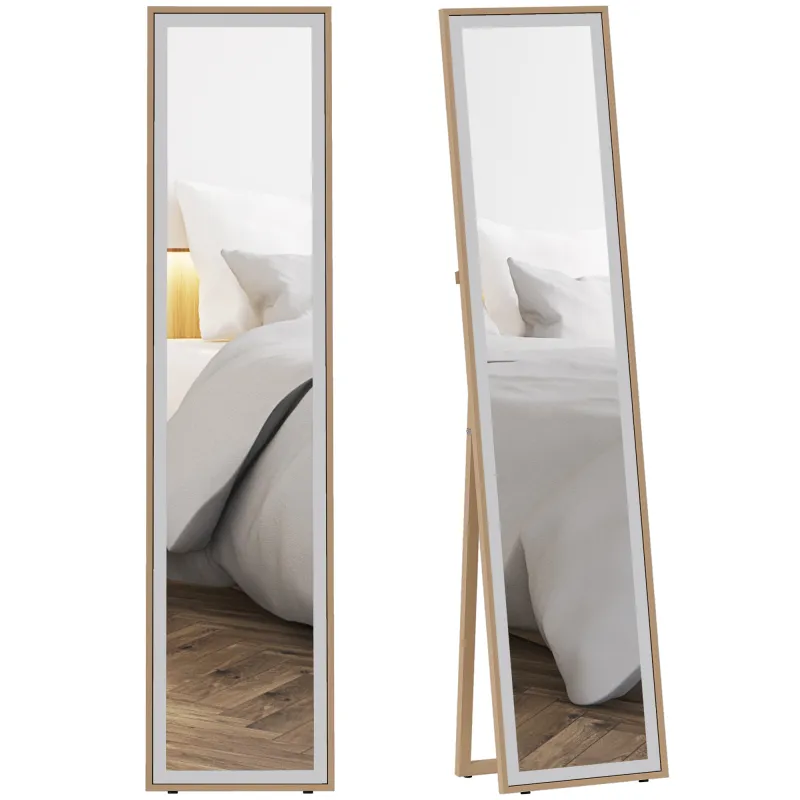 Espejo de Pie Cuerpo Entero con Marco de MDF Espejo de Pared Rectangular con 2 Formas de Uso 37x4x157 cm Plateado y Natural