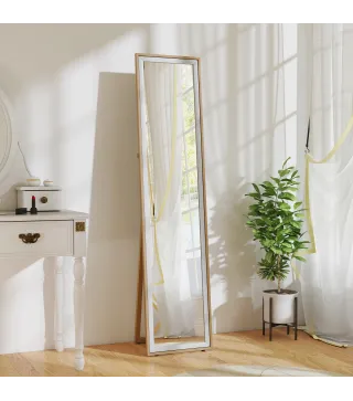 Espejo de Pie Cuerpo Entero con Marco de MDF Espejo de Pared Rectangular con 2 Formas de Uso 37x4x157 cm Plateado y Natural