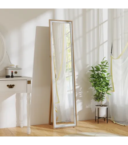 Espejo de Pie Cuerpo Entero con Marco de MDF Espejo de Pared Rectangular con 2 Formas de Uso 37x4x157 cm Plateado y Natu