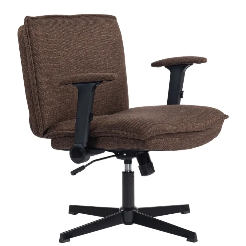 Silla de Oficina Piernas Cruzadas con Reposabrazos Abatible Asiento Ancho sin Ruedas Altura Ajustable Giratoria Marrón