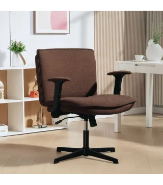 Silla de Oficina Piernas Cruzadas con Reposabrazos Abatible Asiento Ancho sin Ruedas Altura Ajustable Giratoria Marrón