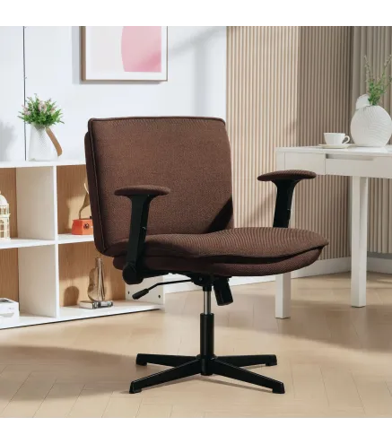 Silla de Oficina Piernas Cruzadas con Reposabrazos Abatible Asiento Ancho sin Ruedas Altura Ajustable Giratoria Marrón