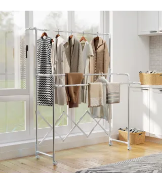 Tendedero Plegable de 3 Niveles Tendedero de Acero Inoxidable con 3 Barras Ajustables y Extensibles 4 Ruedas Plata