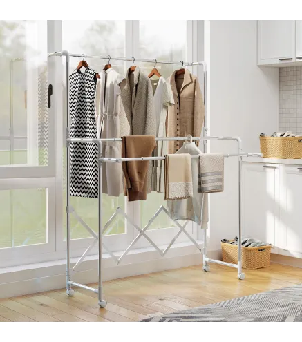 Tendedero Plegable de 3 Niveles Tendedero de Acero Inoxidable con 3 Barras Ajustables y Extensibles 4 Ruedas Plata