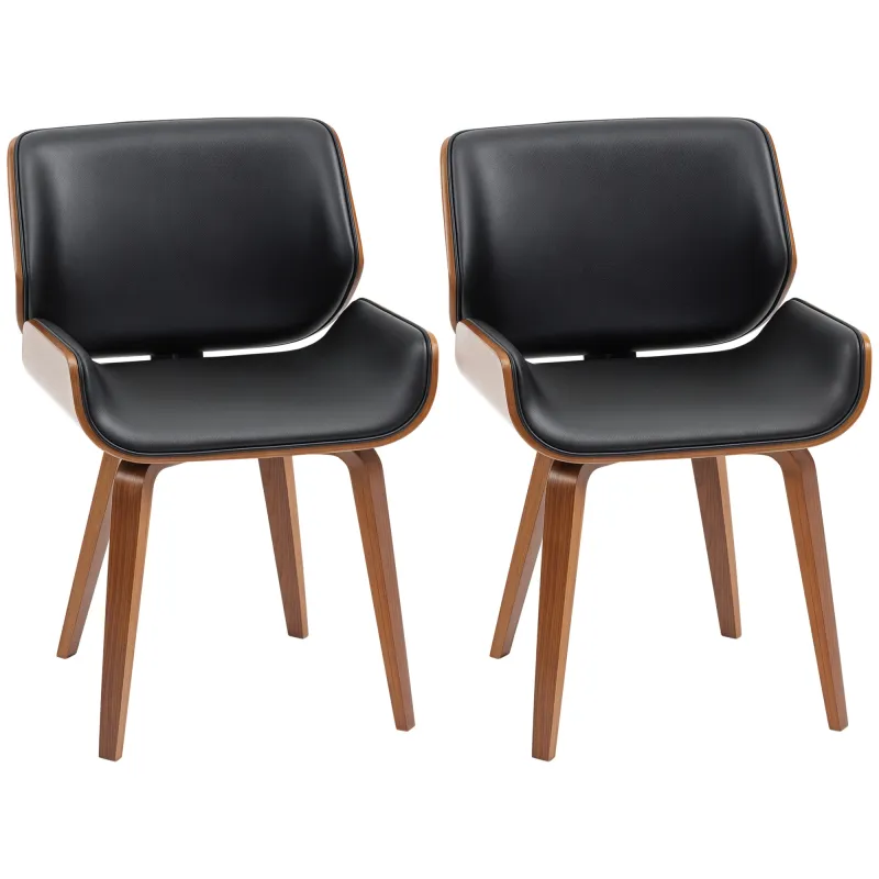 Pack de 2 Sillas de Comedor con Patas de Madera Tapizadas en Cuero Sintético Respaldo Curvado 53x54x81 cm Negro