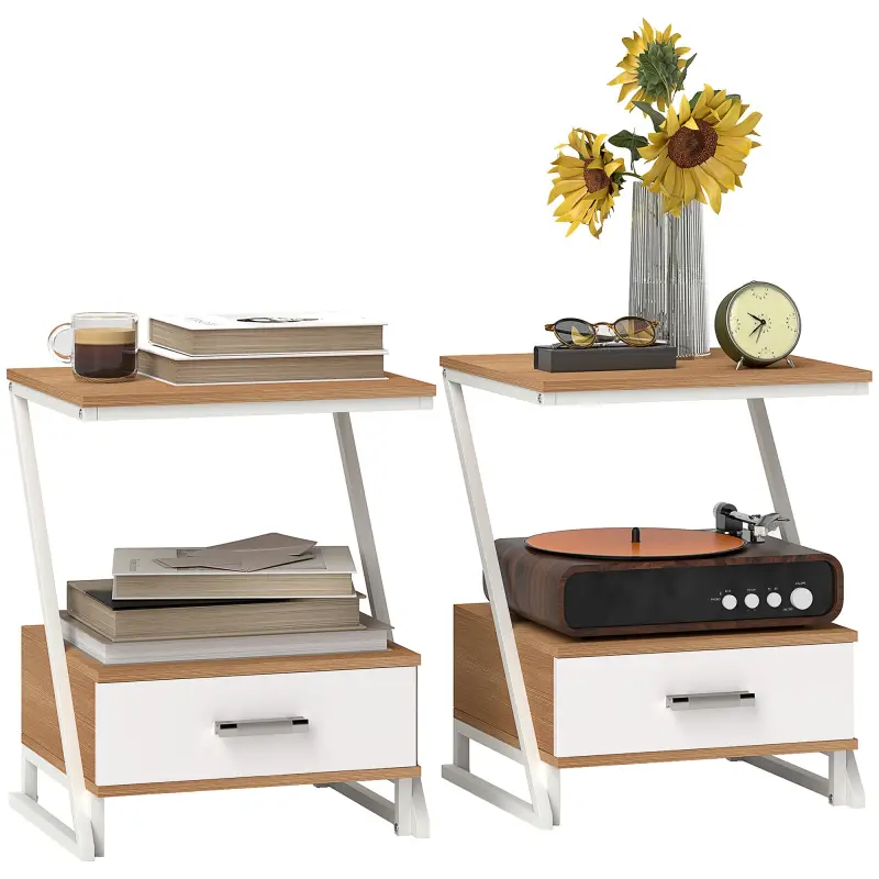 Juego de 2 Mesitas Auxiliares en Forma de Z con Cajón y Compartimento Mesita Auxiliar para Salón 40x35x50 cm Natural