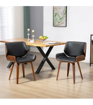 Pack de 2 Sillas de Comedor con Patas de Madera Tapizadas en Cuero Sintético Respaldo Curvado 53x54x81 cm Negro