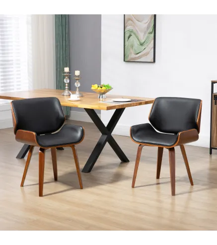 Pack de 2 Sillas de Comedor con Patas de Madera Tapizadas en Cuero Sintético Respaldo Curvado 53x54x81 cm Negro