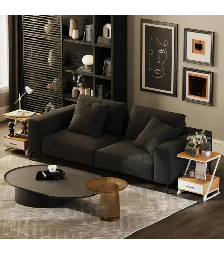 Juego de 2 Mesitas Auxiliares en Forma de Z con Cajón y Compartimento Mesita Auxiliar para Salón 40x35x50 cm Natural