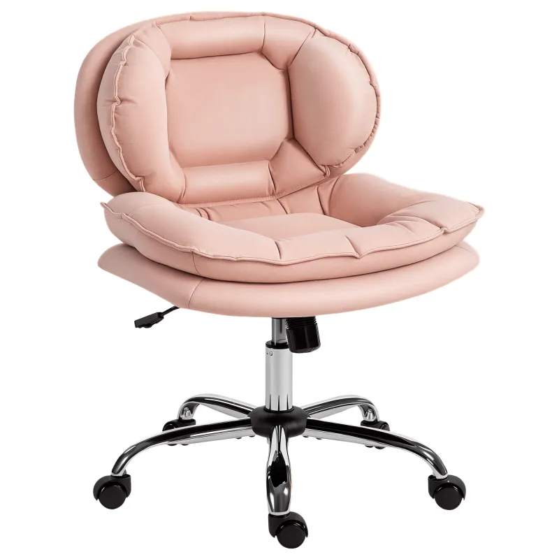 Silla de Oficina Piernas Cruzadas con Asiento Ancho Ruedas Altura Ajustable Doble Acolchado Función Basculante Rosa