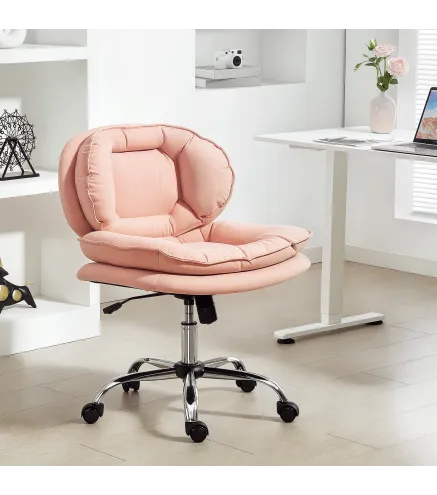Silla de Oficina Piernas Cruzadas con Asiento Ancho Ruedas Altura Ajustable Doble Acolchado Función Basculante Rosa